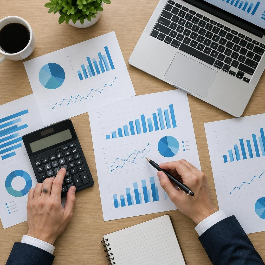 Desk with documents, charts and a laptop for business analysis