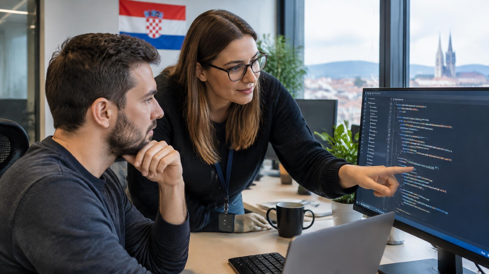 Developers coding together in a modern office