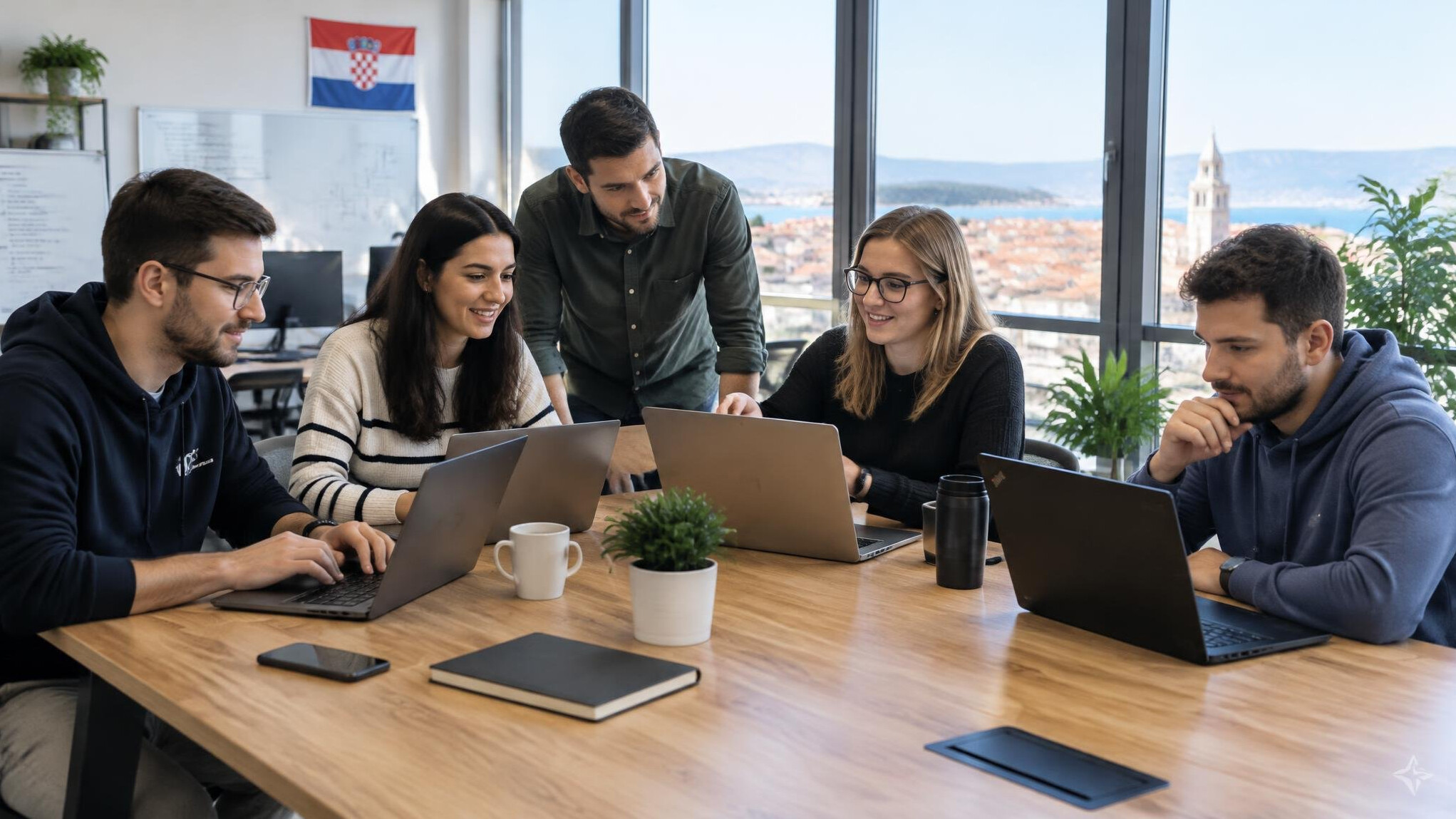 Team of software developers collaborating around a table with laptops